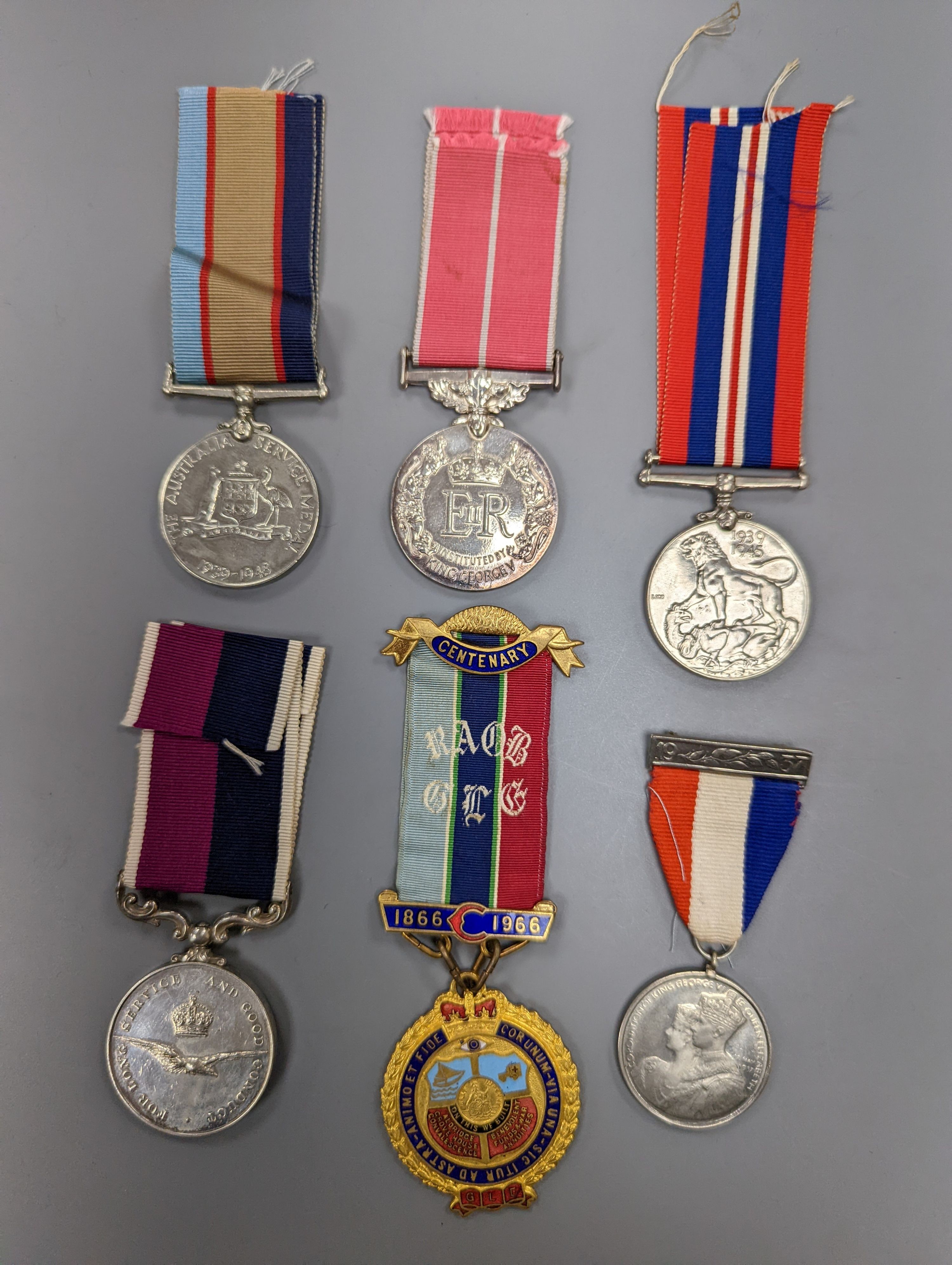 WW2 Australia Service medal and war medal, QEII Order of the British Empire medal, RAF for long service and good conduct medal, and two other medals